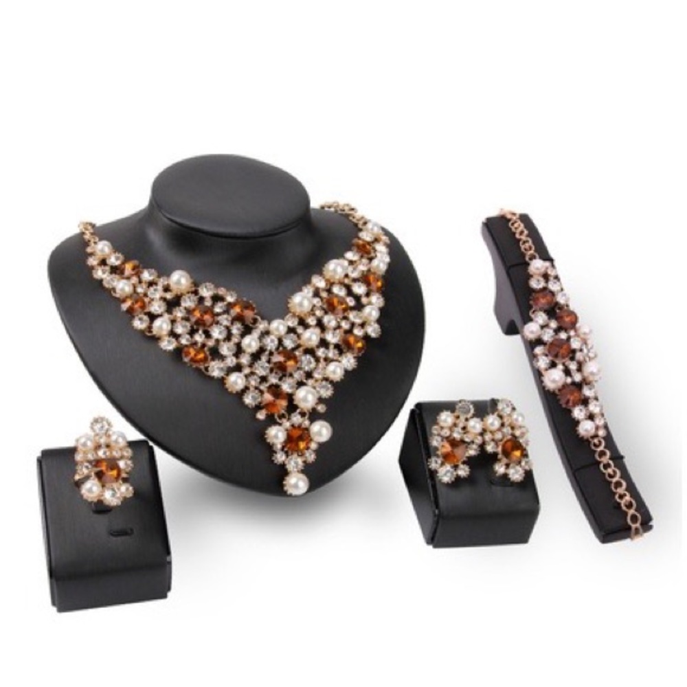 4 Piece Alloy Fashion Necklace Set (18k Alloy) Champagne Bracelet/Earrings/Ring - Picture 1 of 1